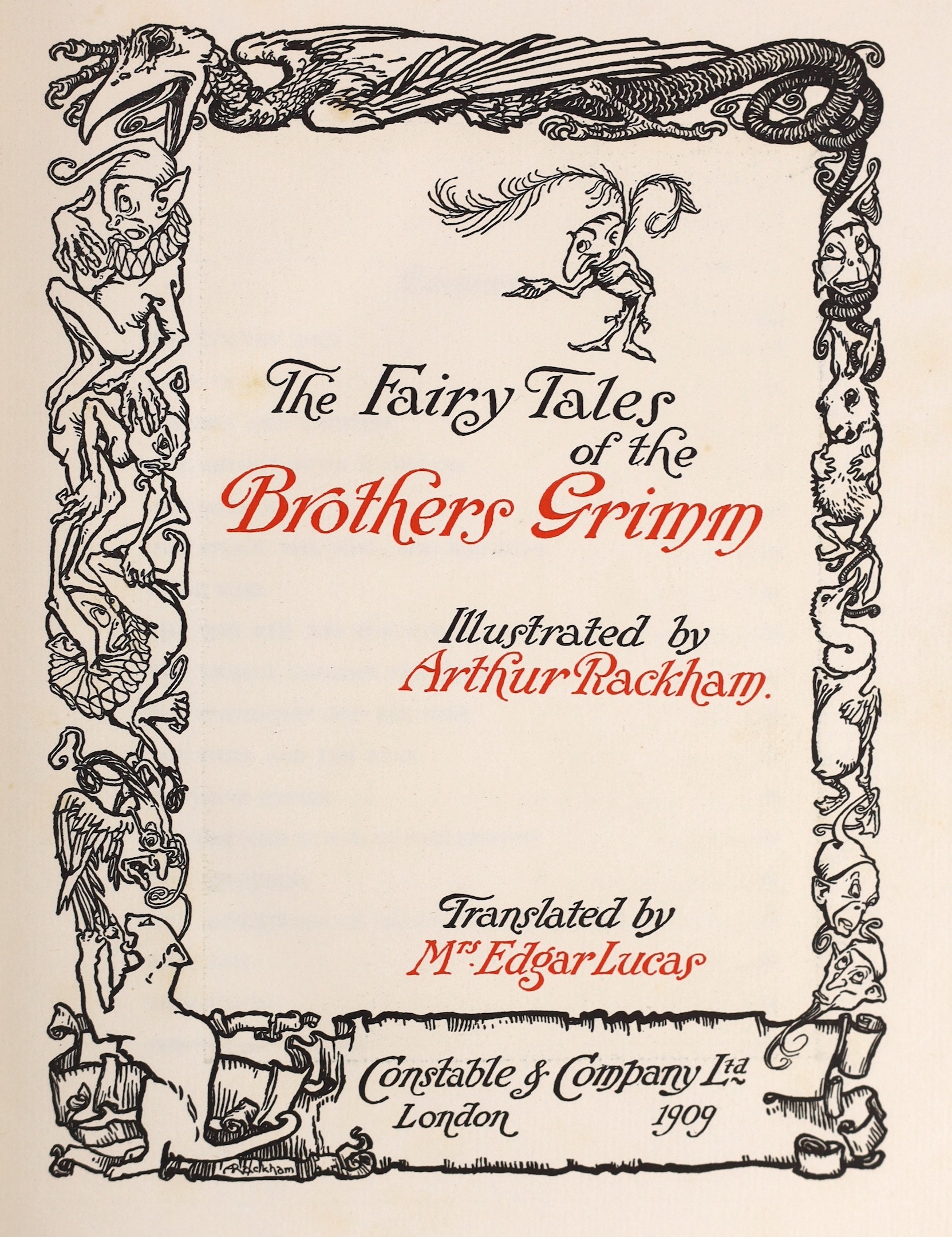 Arthur Rackham original paintings - Grimm Brothers - The Fairy Tales of the Brothers Grimm, number 135 of 750 illustrated and signed by Arthur Rackham, with 40 tipped-in colour plates, translated by Mrs. Edgar Lucas, 4to